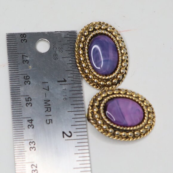 Vintage Oval Clip-On Earrings Gold Tone Purple Marble Cabochon Retro 80s 90s - Picture 6 of 8